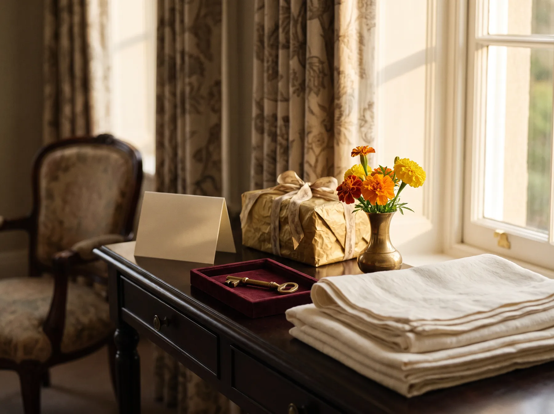 A hotel room key on a tray