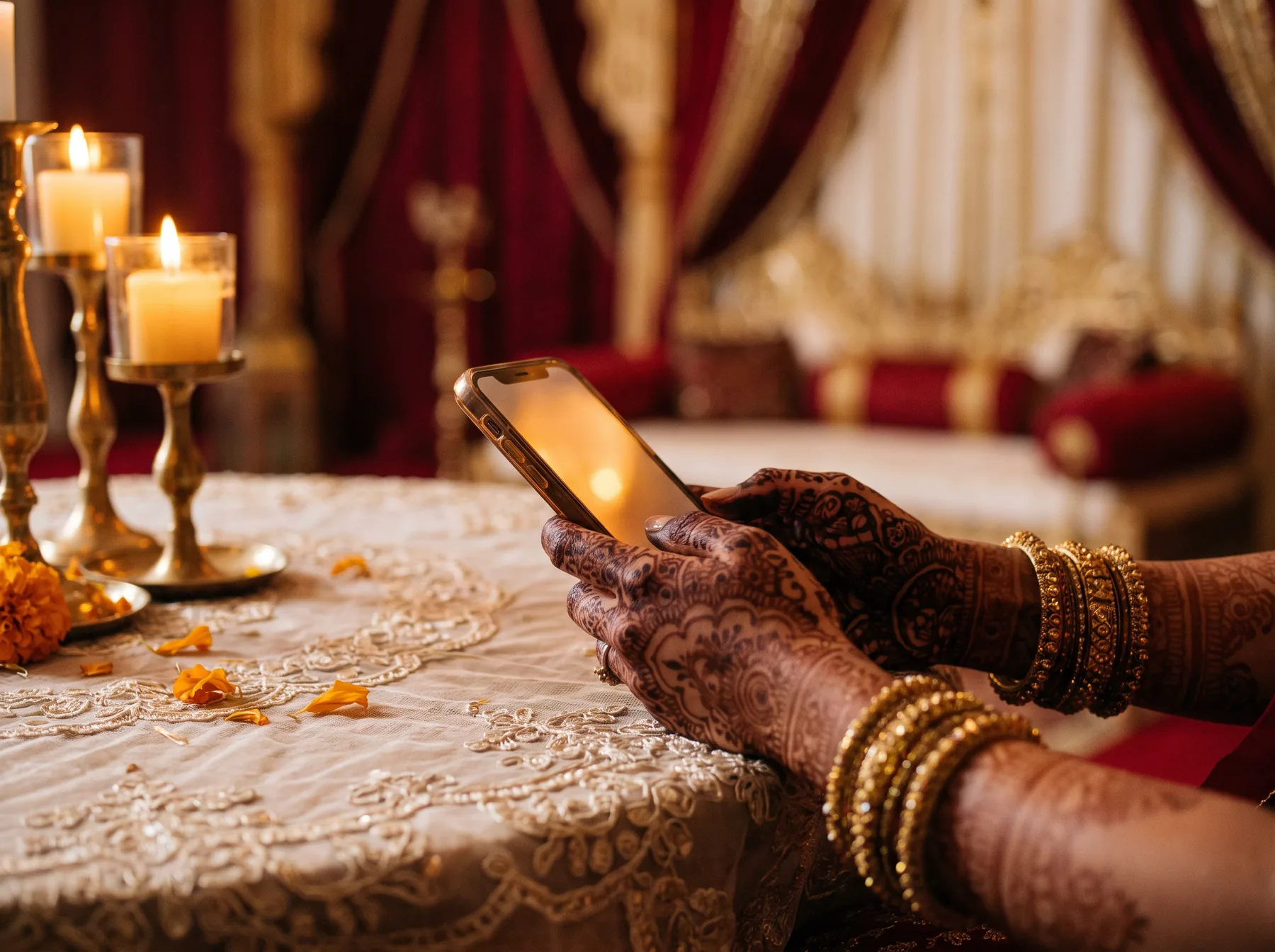 Mehendi hands holding a phone at a wedding